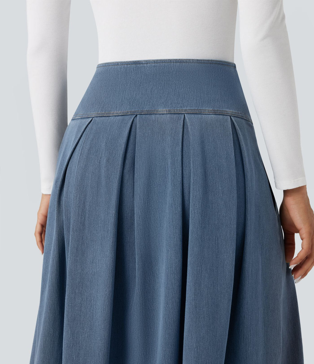 Jupe mi-longue décontractée plissée gainante taille haute effet denim avec poches Halara Flex™
