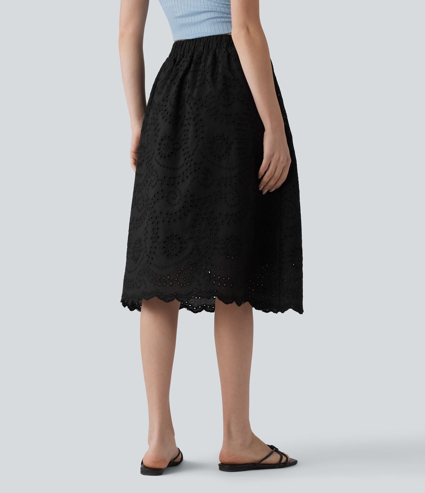Jupe évasée plage broderie anglaise taille haute