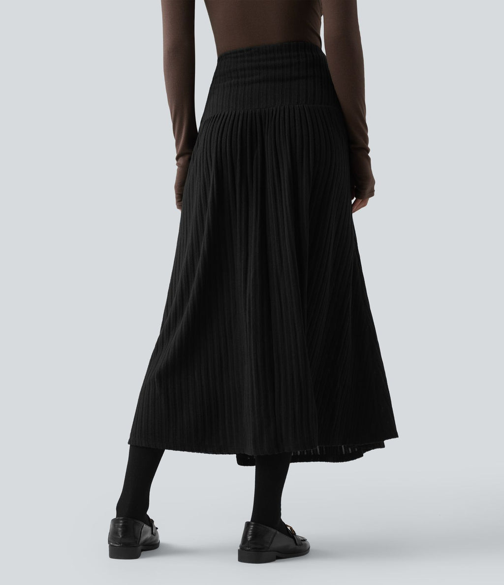 Jupe tailleur midi trapèze taille haute en maille côtelée
