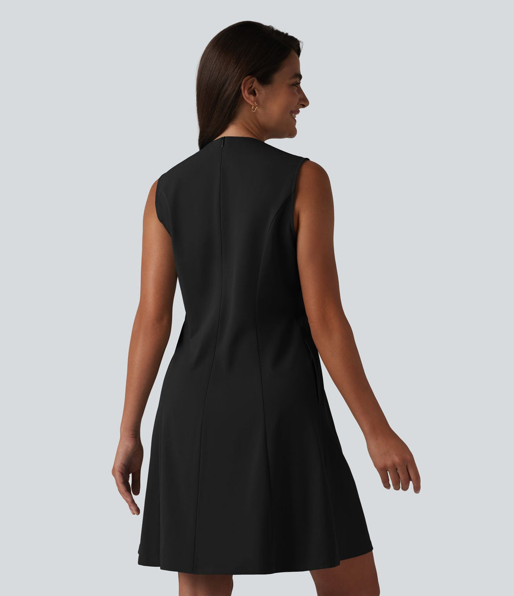 Robe de bureau mini en popeline stretch plissée col V sans manches avec fermeture éclair invisible et poches