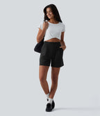 Short sweat décontracté ample taille haute plissé avec poches