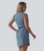 Robe mini casual en denim Halara Flex™ col rond sans manches ourlet arrondi avec poches