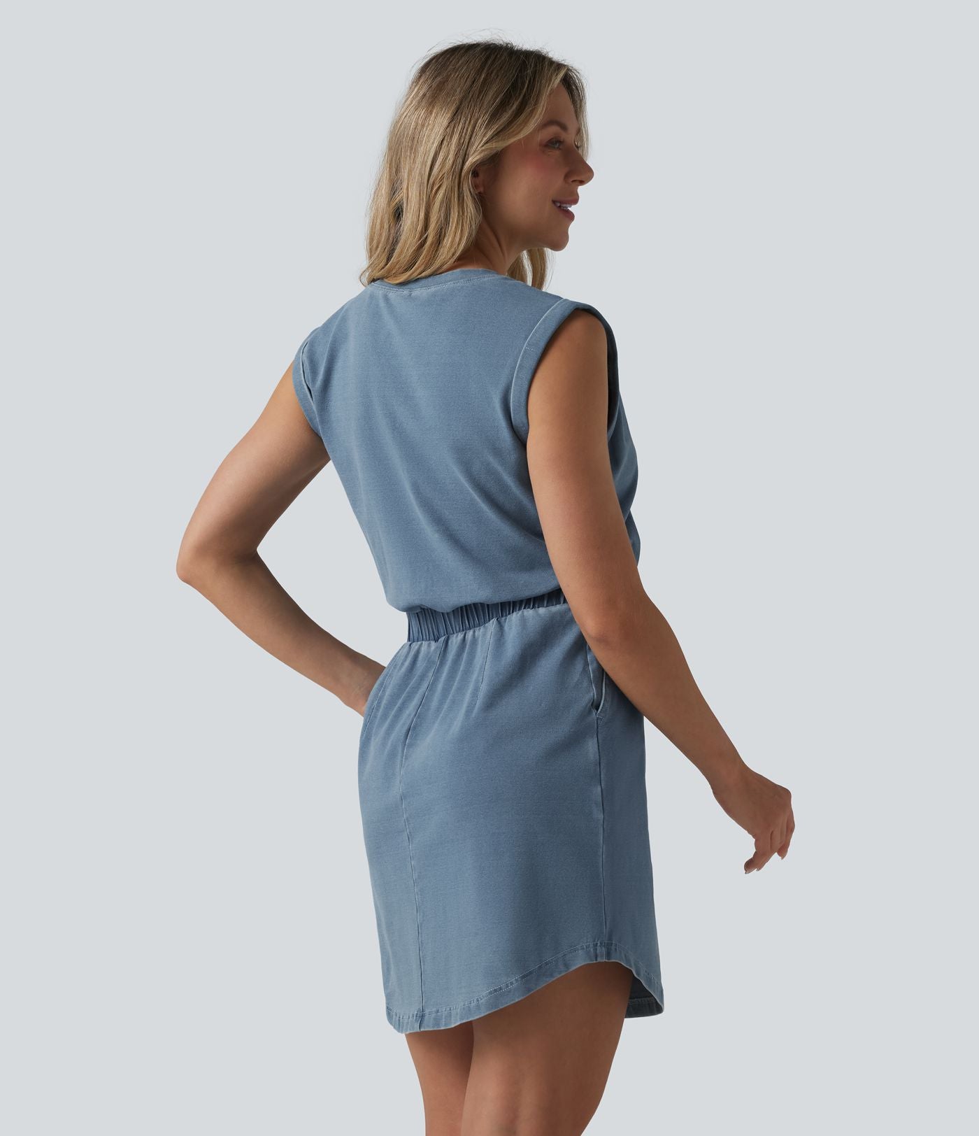Robe mini casual en denim Halara Flex™ col rond sans manches ourlet arrondi avec poches