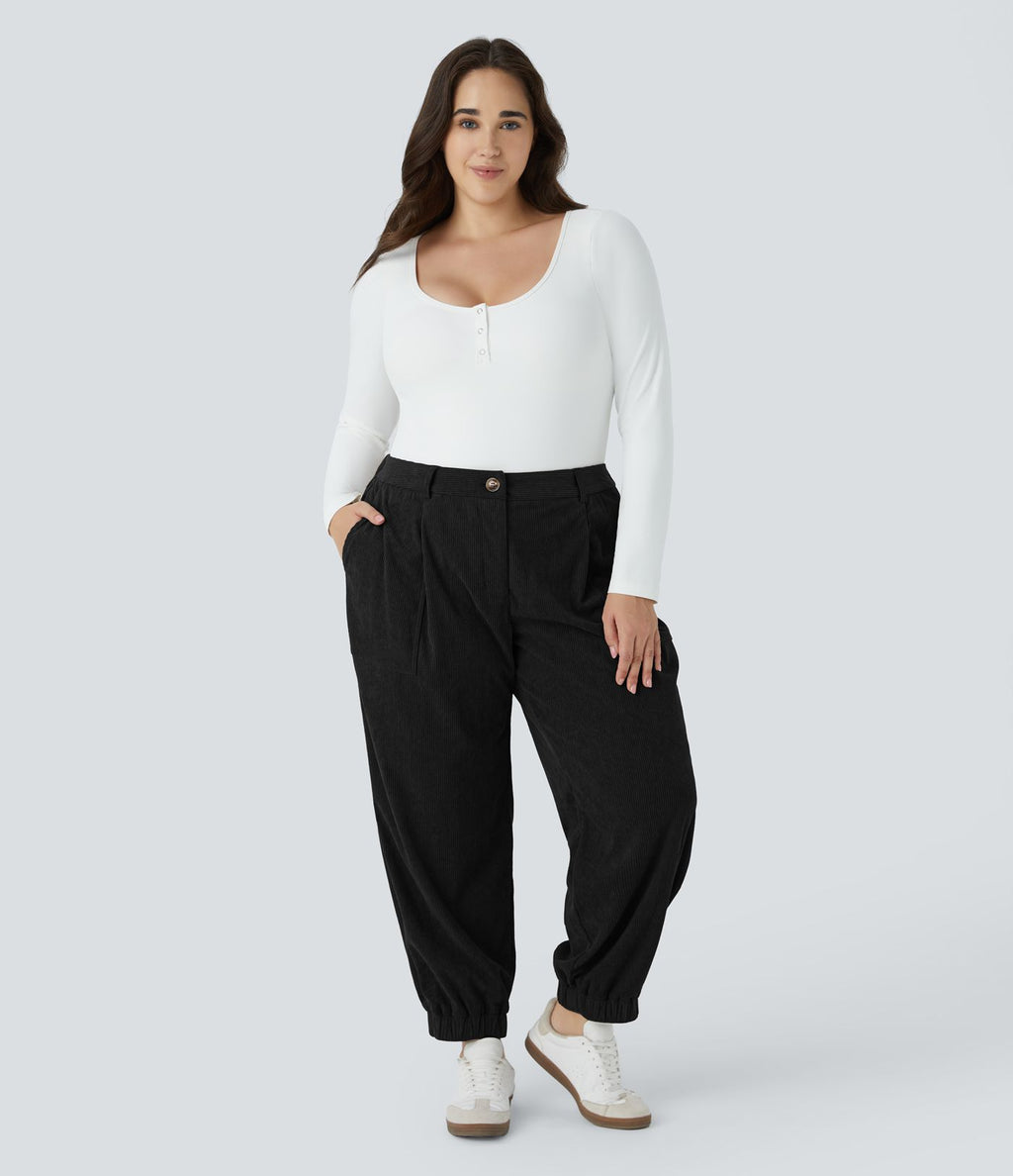 Pantalon décontracté en velours côtelé taille mi-haute grande taille avec bouton, fermeture éclair et poches multiples