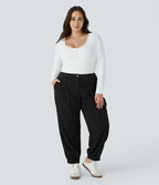 Pantalon décontracté en velours côtelé taille mi-haute grande taille avec bouton, fermeture éclair et poches multiples