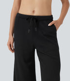 Pantalon large décontracté maille gaufrée taille mi-haute avec cordon et poches