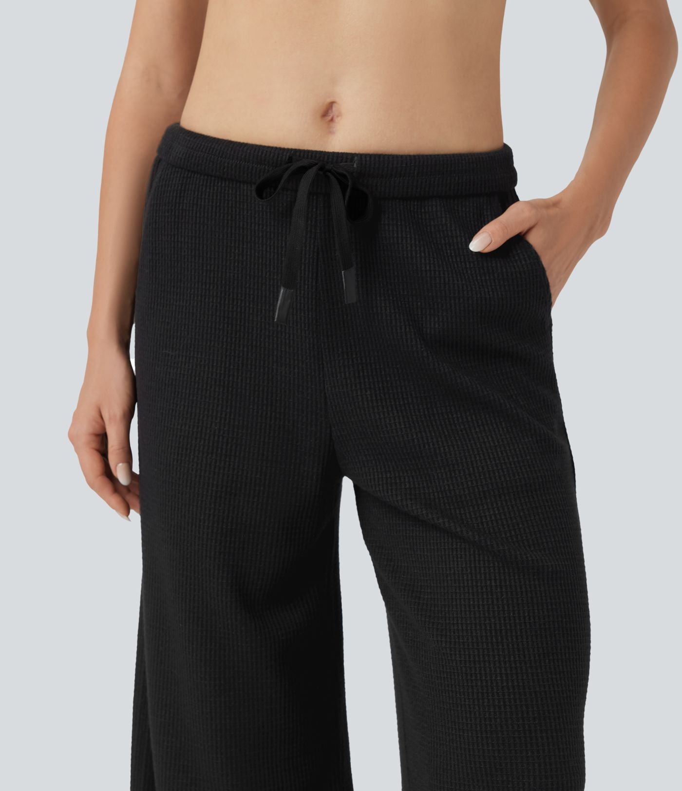 Pantalon large décontracté maille gaufrée taille mi-haute avec cordon et poches