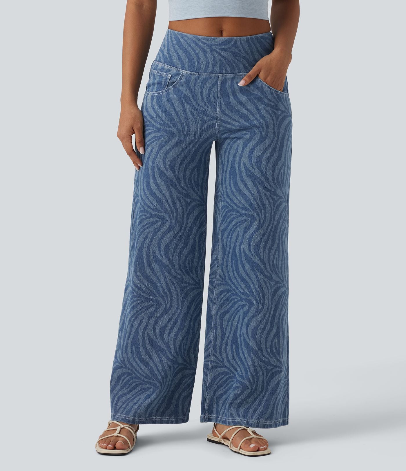 Jean Halara Flex™ jambe large décontracté taille mi-haute effet ventre plat, motif zèbre, avec poches