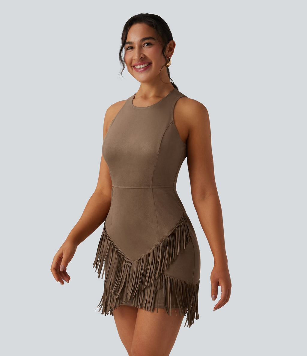 Robe mini moulante en suédine col rond sans manches avec franges