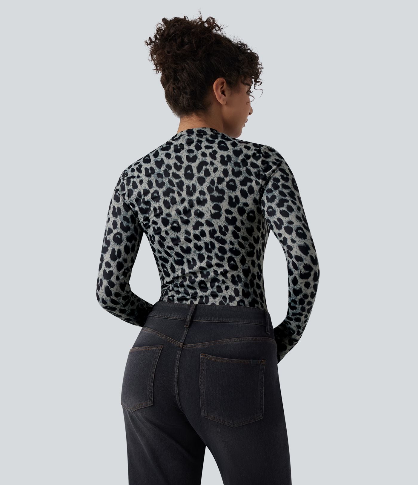 Top casual ajusté col rond manches longues imprimé léopard