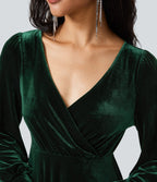 V Neck de Crossover Bishop Long Sleeve High Low Flowy Velvet Midi Casual Dress