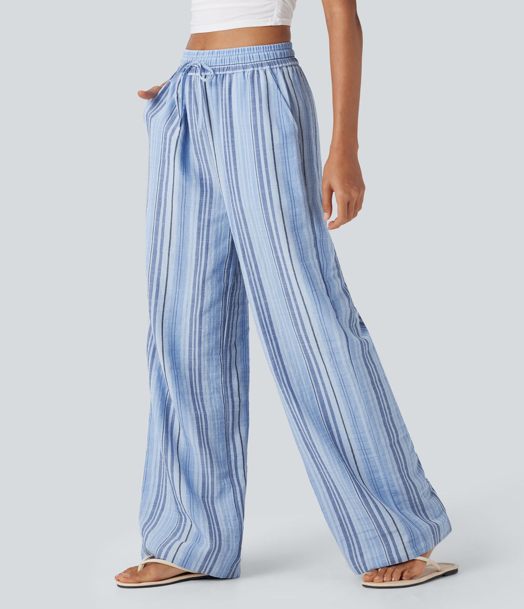 Pantalon large fluide taille haute avec cordon de serrage, rayures, aspect lin et poches latérales
