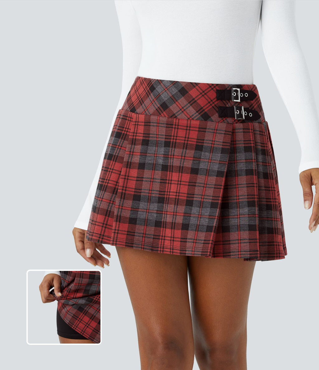 High Waisted de Decorative Buckle 2-in-1 Plaid Pleated Mini Casual Skirt