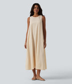 Robe débardeur midi décontractée col rond sans manches en vichy froissé avec poches