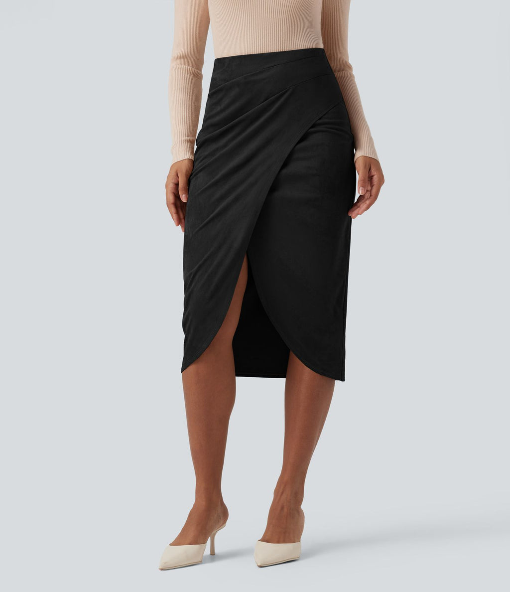 Jupe mi-longue décontractée suédine taille haute ourlet tulipe