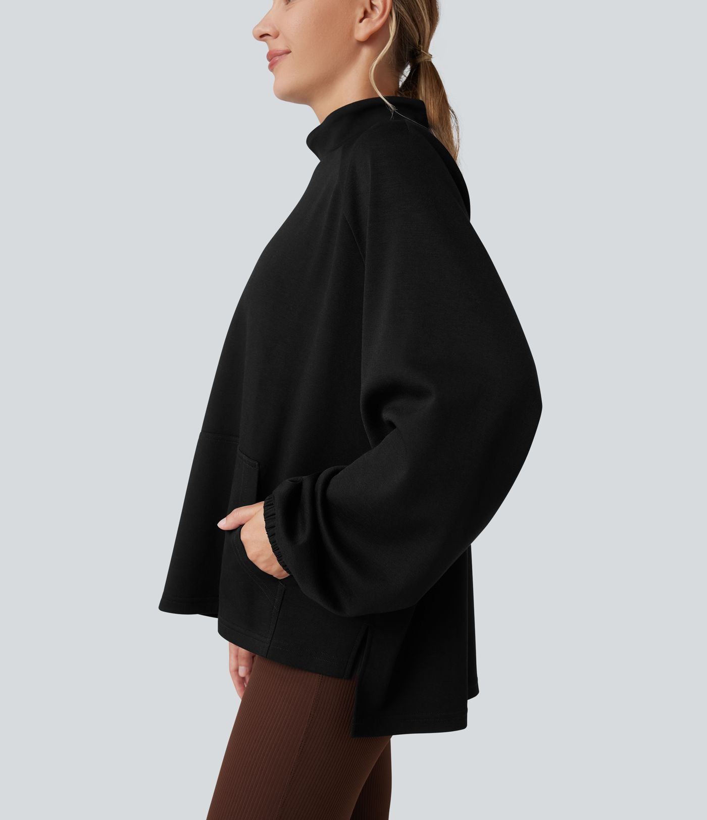Sweat-shirt col montant à manches longues ourlet asymétrique avec poche