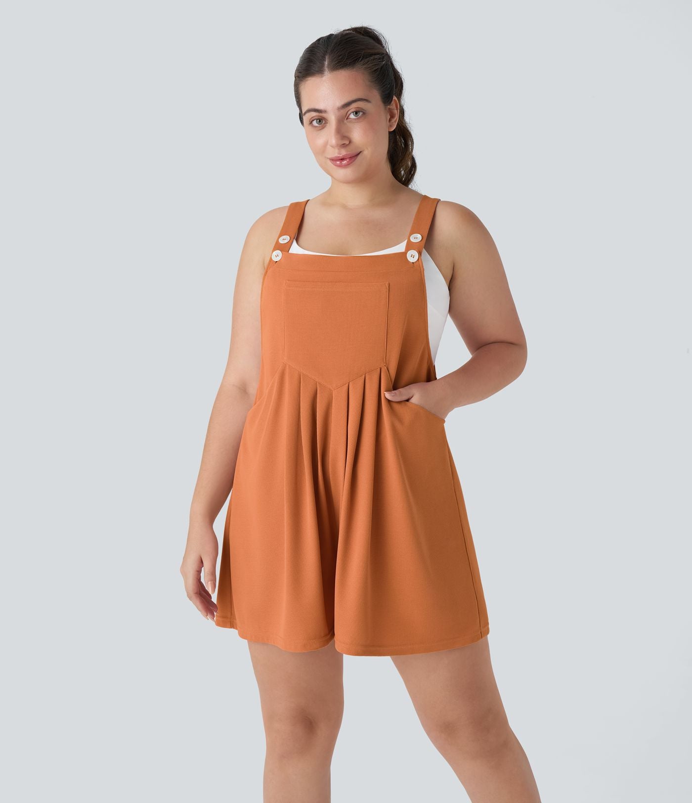Salopette Casual en Gaufré avec Bretelles Réglables Boutons et Poches Multiples Grande Taille