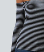 T-shirt casual rayé en maille côtelée à épaules dénudées, manches longues et soutien-gorge intégré