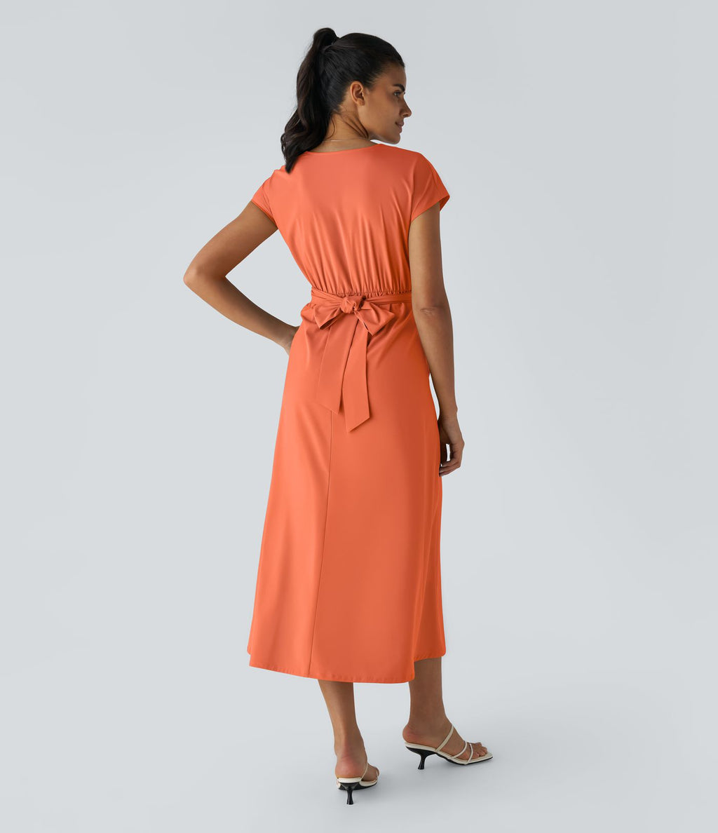 Breezeful™ Robe Mi-Longue Col en V Manches Courtes Poche Latérale Nouée au Dos Séchage Rapide