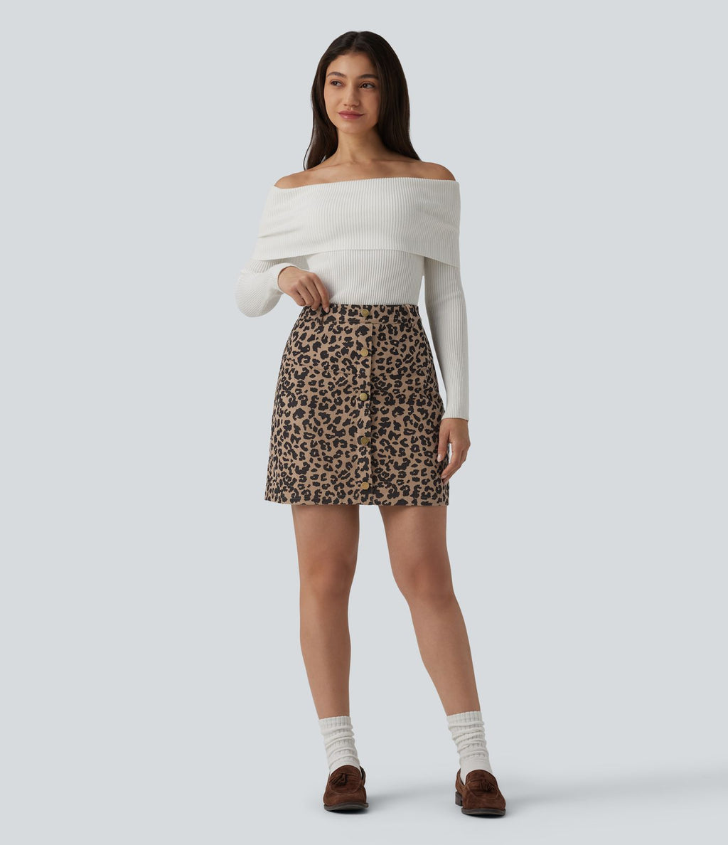 Jupe mini casual 2-en-1 léopard taille haute avec poche — Longueur allongée