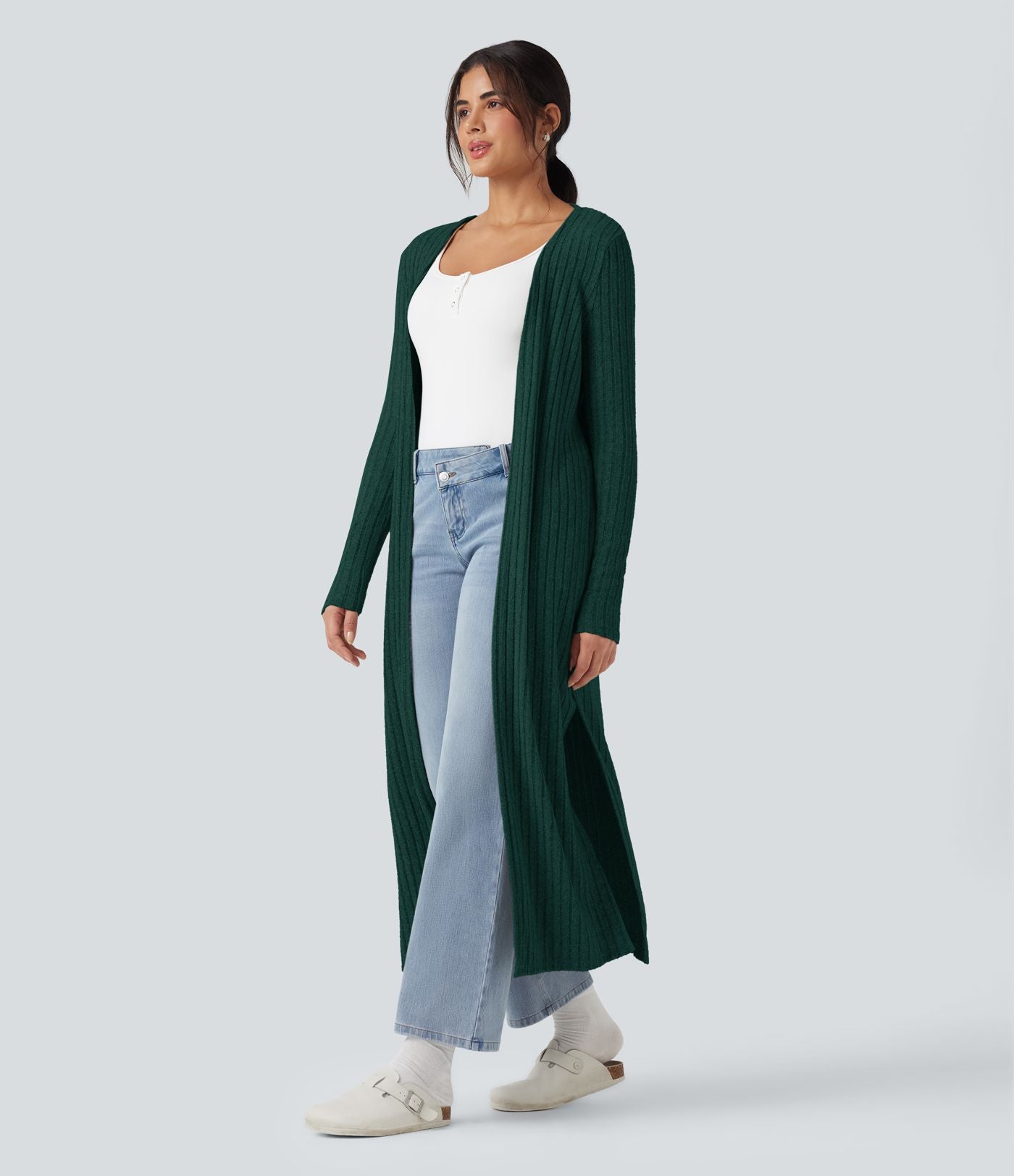 Manteau long décontracté maille côtelée manches longues avec fente