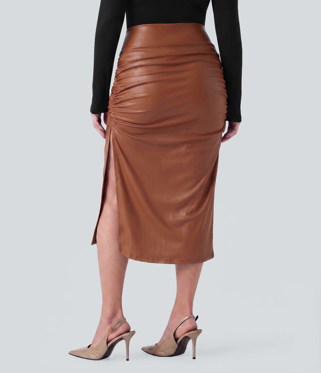 Jupe midi décontractée grande taille 2 en 1 taille haute ventre plat froncée ourlet arrondi en polaire simili cuir