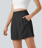 Short ample taille haute décontracté en lin stretch 10 cm avec poches