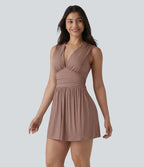 Combishort casual côtelé sans manches col V, fronces et soutien-gorge intégré, avec poches – Easy Peasy