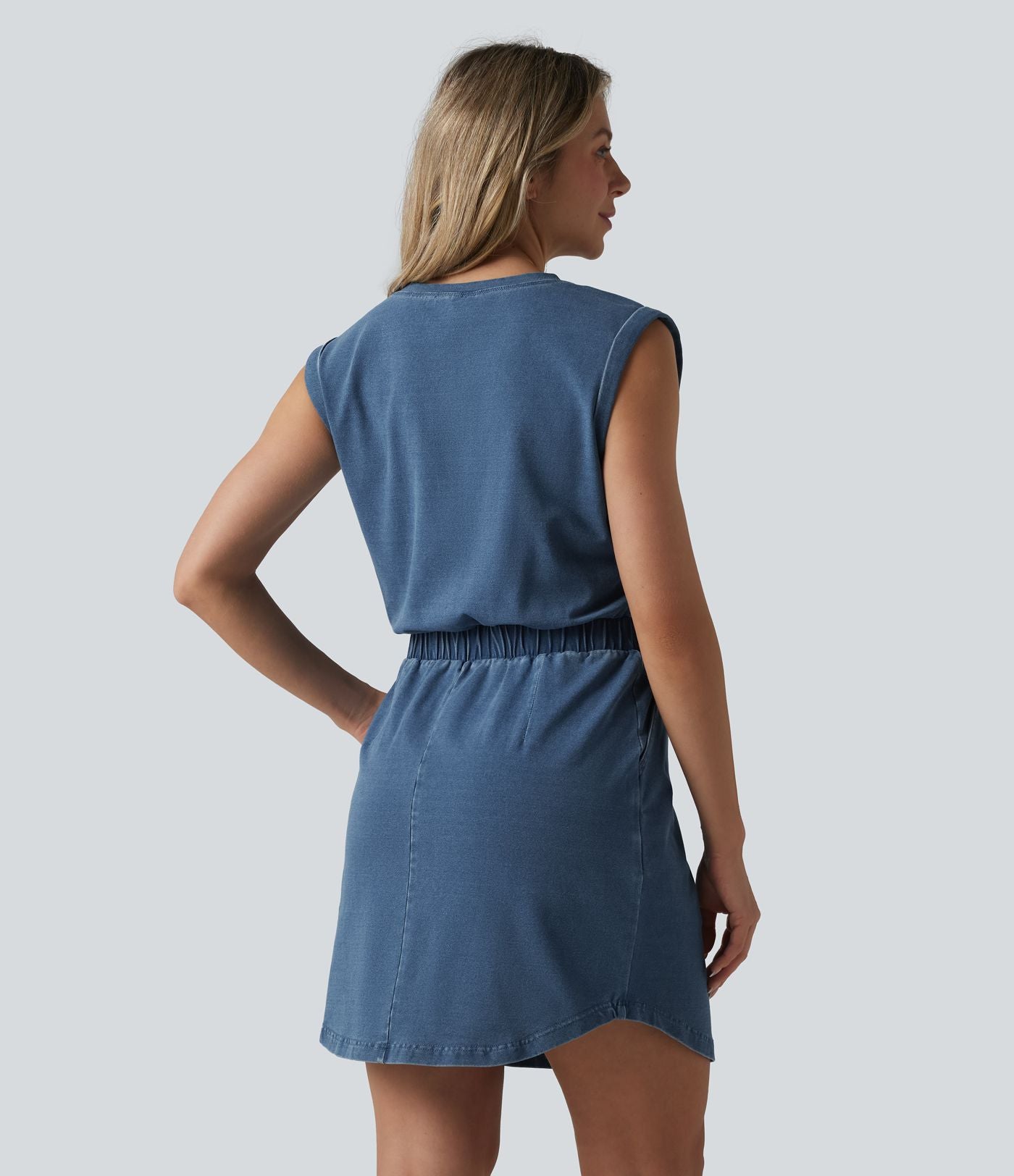 Robe mini casual en denim Halara Flex™ col rond sans manches ourlet arrondi avec poches