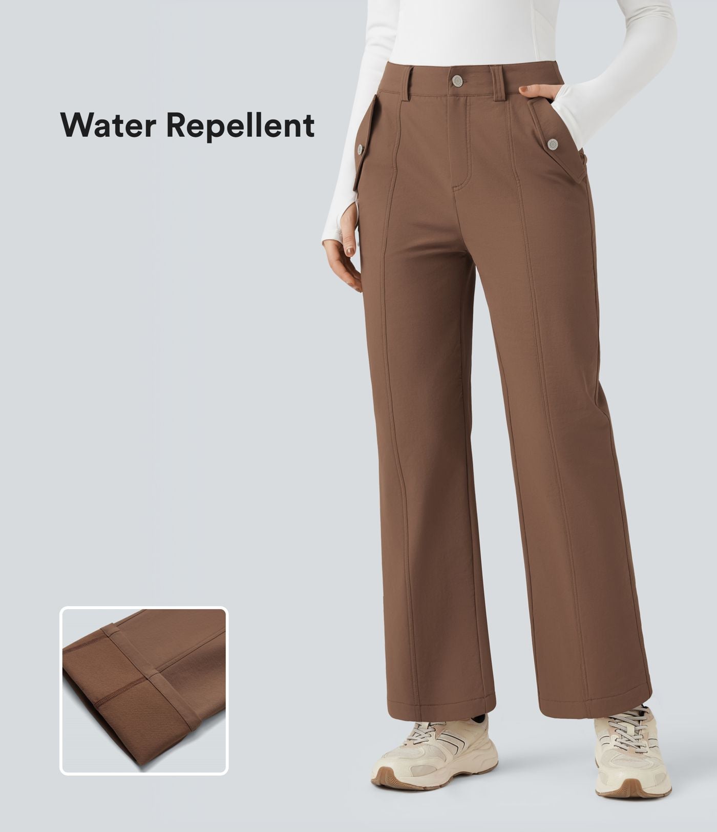 Pantalon de randonnée droit déperlant taille mi-haute avec poches