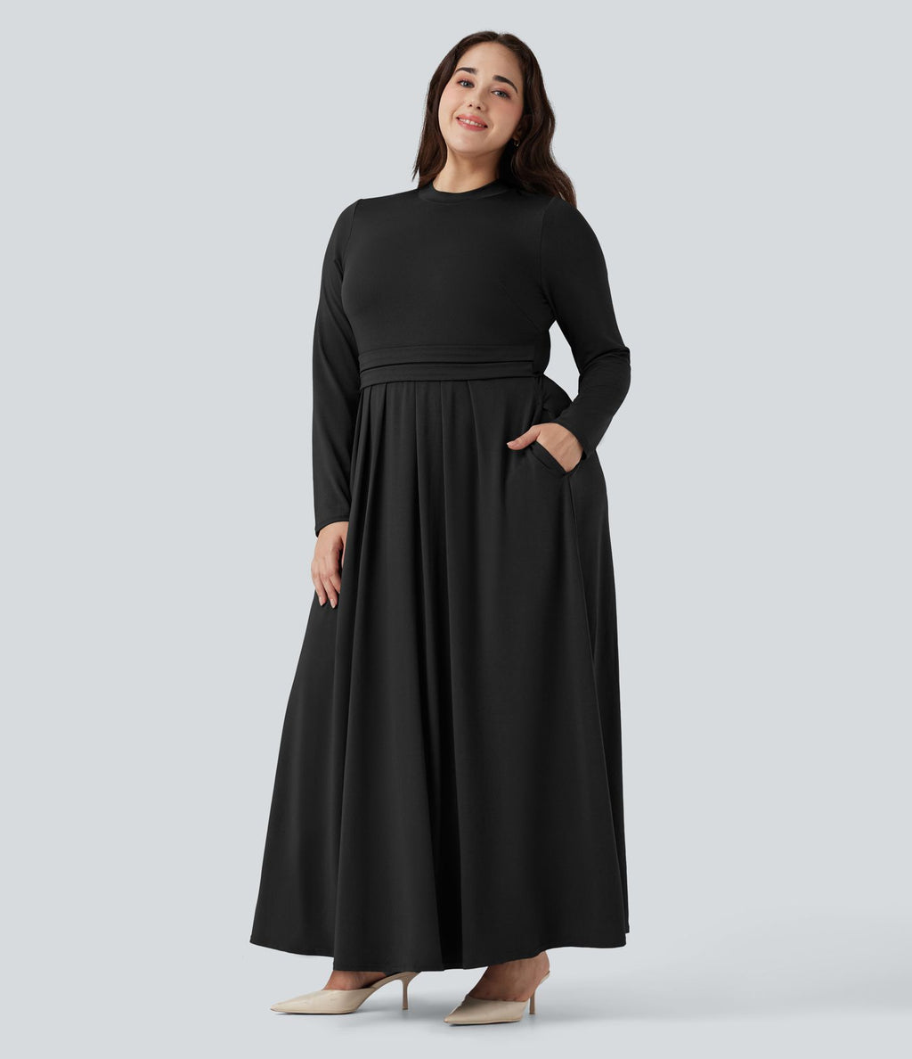 Robe décontractée maxi évasée grande taille col montant manches longues avec poches