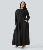 Robe décontractée maxi évasée grande taille col montant manches longues avec poches