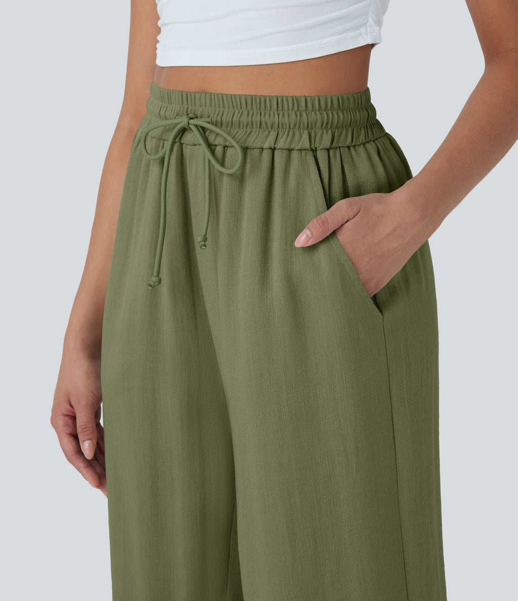Pantalon décontracté aspect lin 7/8 à taille haute, jambe large avec cordon de serrage et poches latérales