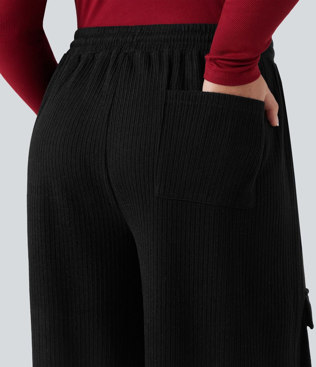 Pantalon cargo décontracté grande taille, ample, côtelé, taille mi-haute, à cordon, avec poches