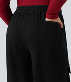 Pantalon cargo décontracté grande taille, ample, côtelé, taille mi-haute, à cordon, avec poches