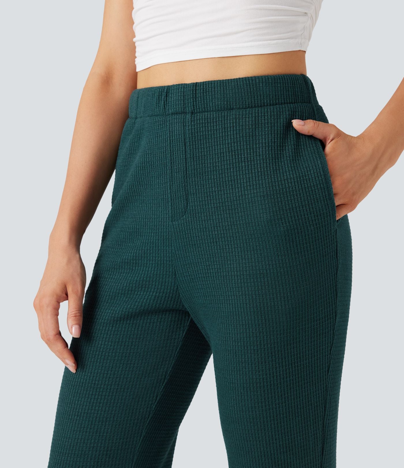 Pantalon décontracté évasé maille gaufrée taille haute avec poches