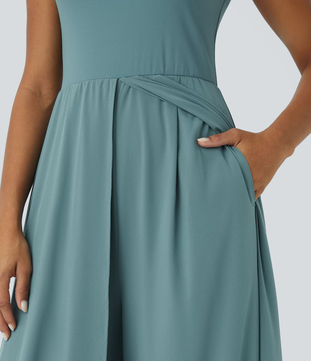 Combinaison Breezeful™ à séchage rapide pour demoiselles d'honneur et invitées de mariage, sans manches, avec fermeture éclair, poches latérales et détails contrastés