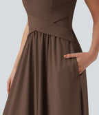 Robe maxi fluide dos nu, avec brassière intégrée et poches