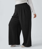 Pantalon décontracté grande taille large en maille gaufrée, taille haute, avec poches