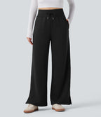 Pantalon jogging décontracté polaire taille haute jambe large avec cordon de serrage ourlet fendu et poches