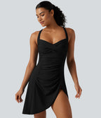 Robe de bain 2-en-1 push-up gainante à encolure Queen Anne avec bretelles ajustables, design torsadé, fronces, ourlet fendu, brassière intégrée et poches
