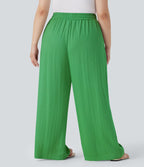 Pantalon décontracté grande taille large fluide taille haute effet lin avec cordon de serrage et poches