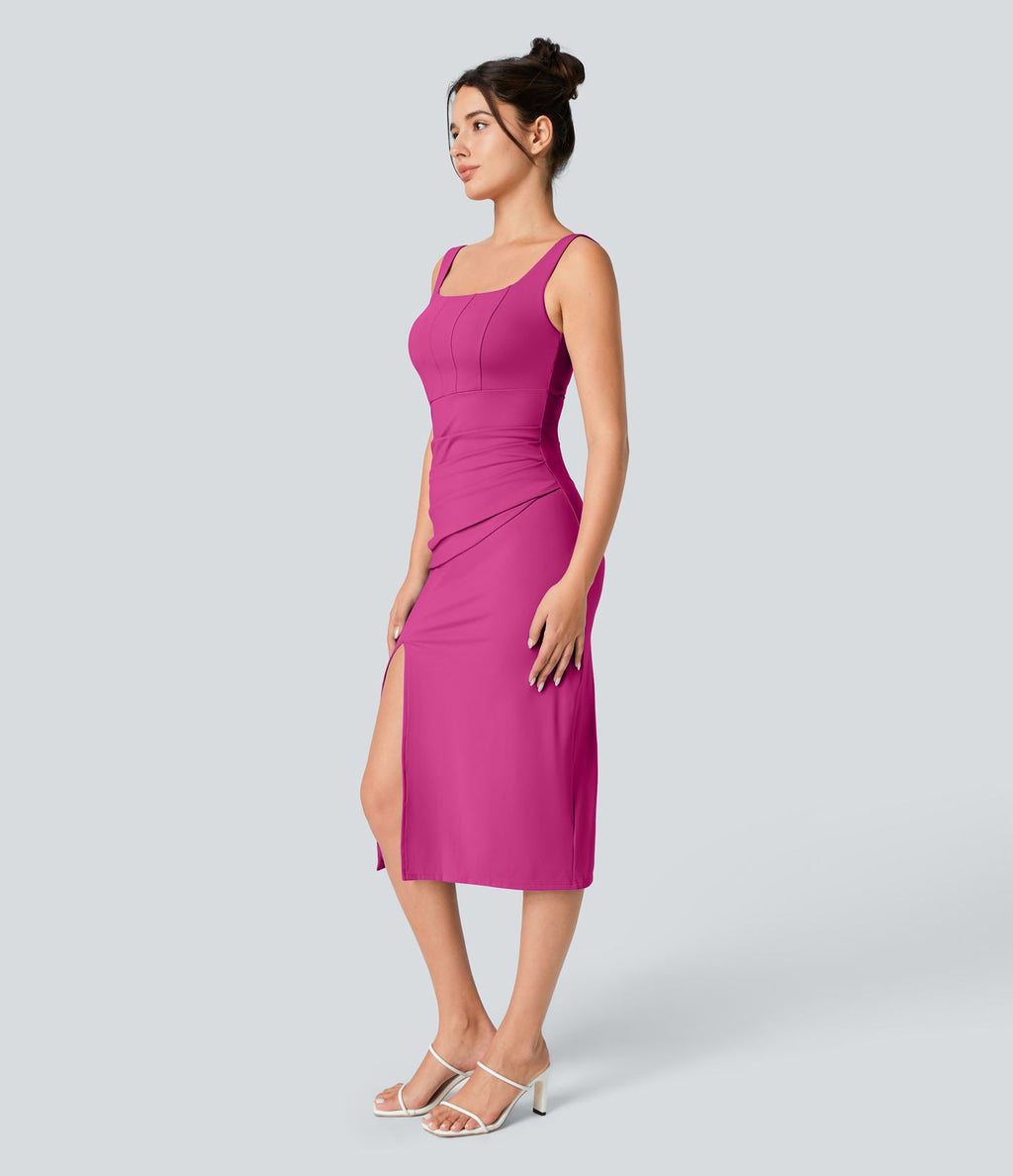 Robe corset midi moulante ruchée à encolure carrée, dos nu, brassière intégrée