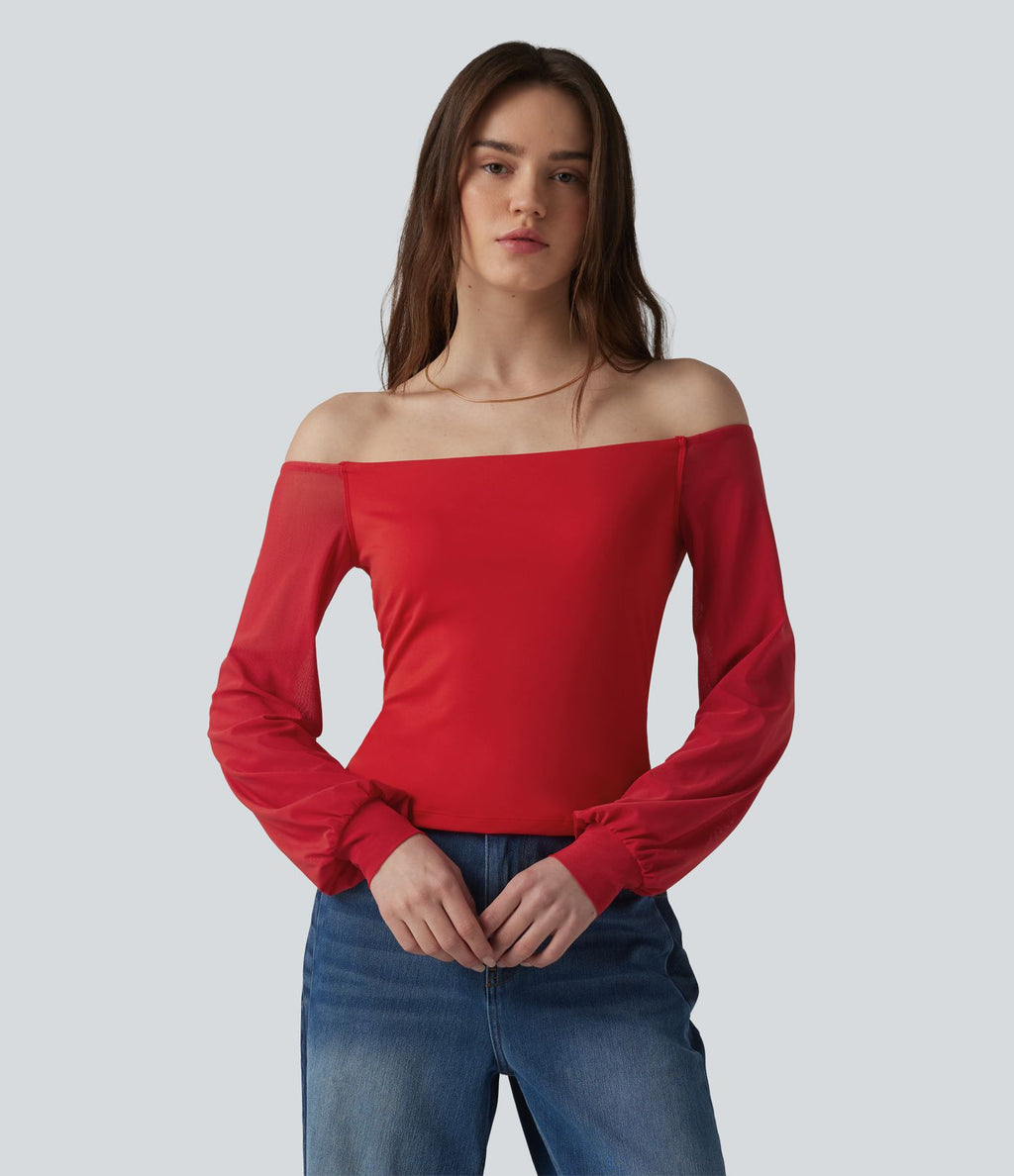 T-shirt SoftlyZero™ Airy décontracté épaules dénudées manches longues en tulle respirant effet frais InstantCool avec brassière intégrée, protection solaire UPF50+