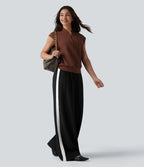 Pantalon large infroissable taille haute color block décontracté aspect lin avec poches