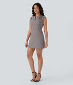 Robe de travail courte sans manches col V plissée Halara Flex™ micro gaufré avec poches