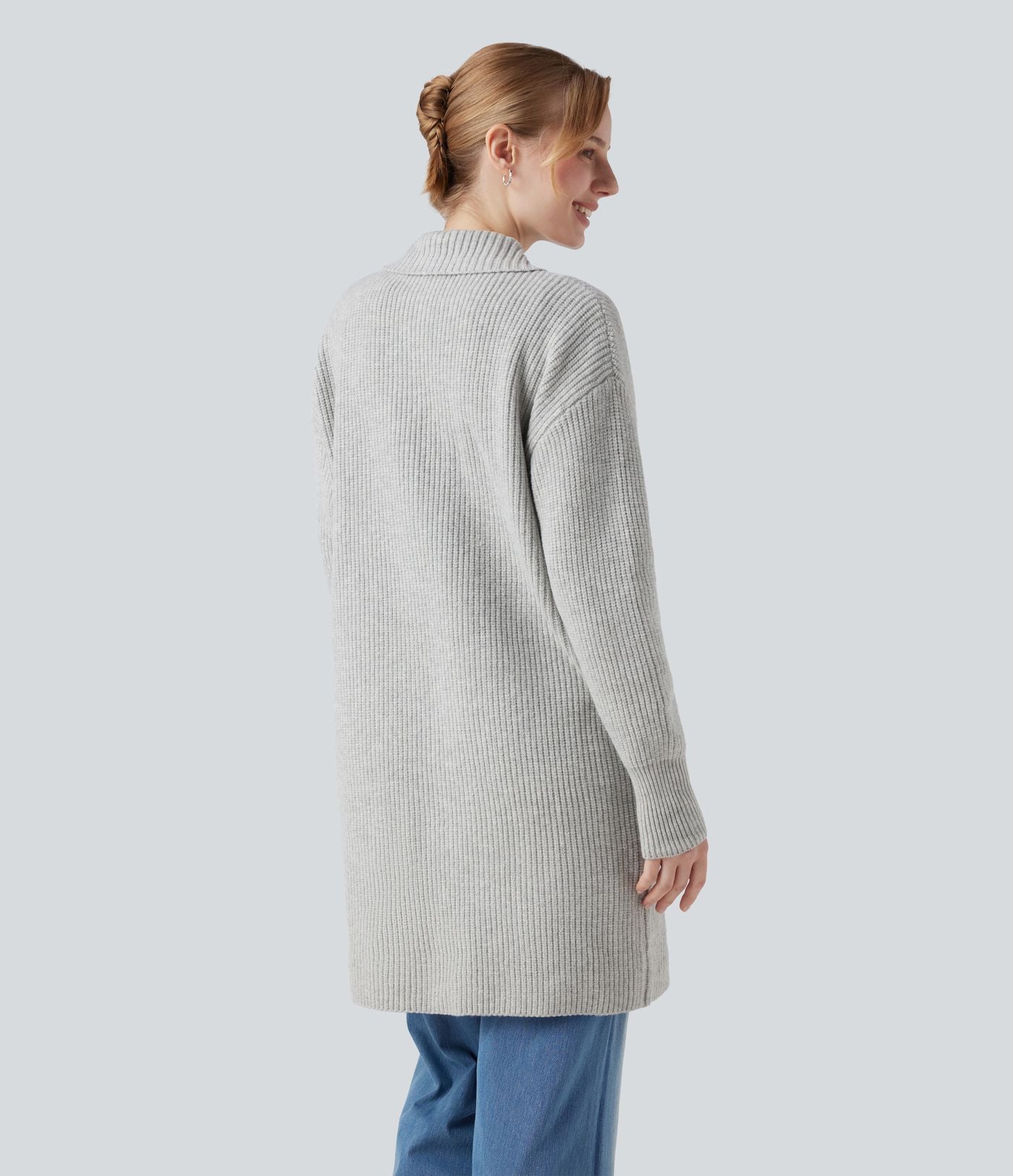 Gilet long casual col manches longues boutonné avec poches