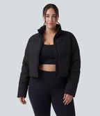 PuffFlex Grande taille Doudoune courte 3-en-1 col montant casual & Veste à ourlet arrondi et trous pour les pouces avec poches