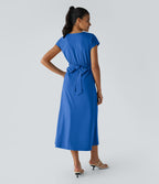 Breezeful™ Robe Mi-Longue Col en V Manches Courtes Poche Latérale Nouée au Dos Séchage Rapide
