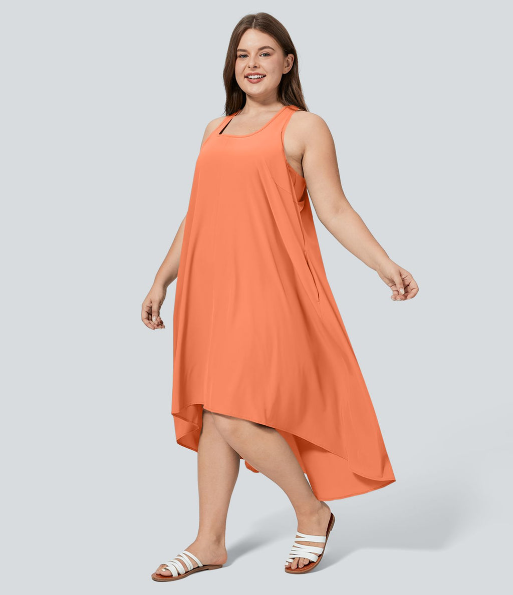 Breezeful™ Dos Nu Racerback Poche Latérale Haut Bas Fluide Midi Séchage Rapide Décontracté Robe Grande Taille